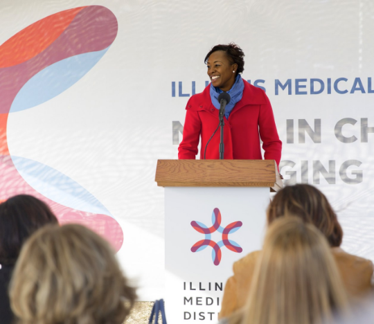 women at podium
