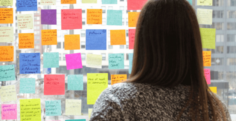 woman looking at notecards