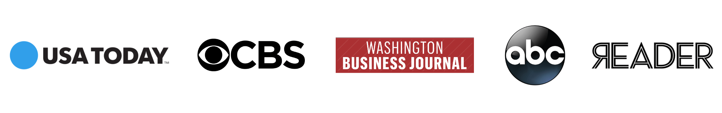 Media logos USA Today, CBS, Washington Business Journal, ABC, Reader