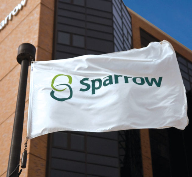 Sparrow health flag waving in front of a building.