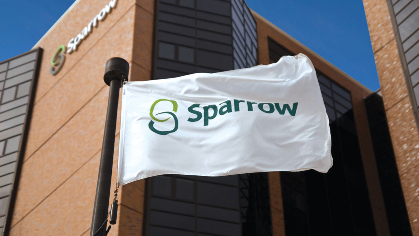 Sparrow health flag waving in front of a building.
