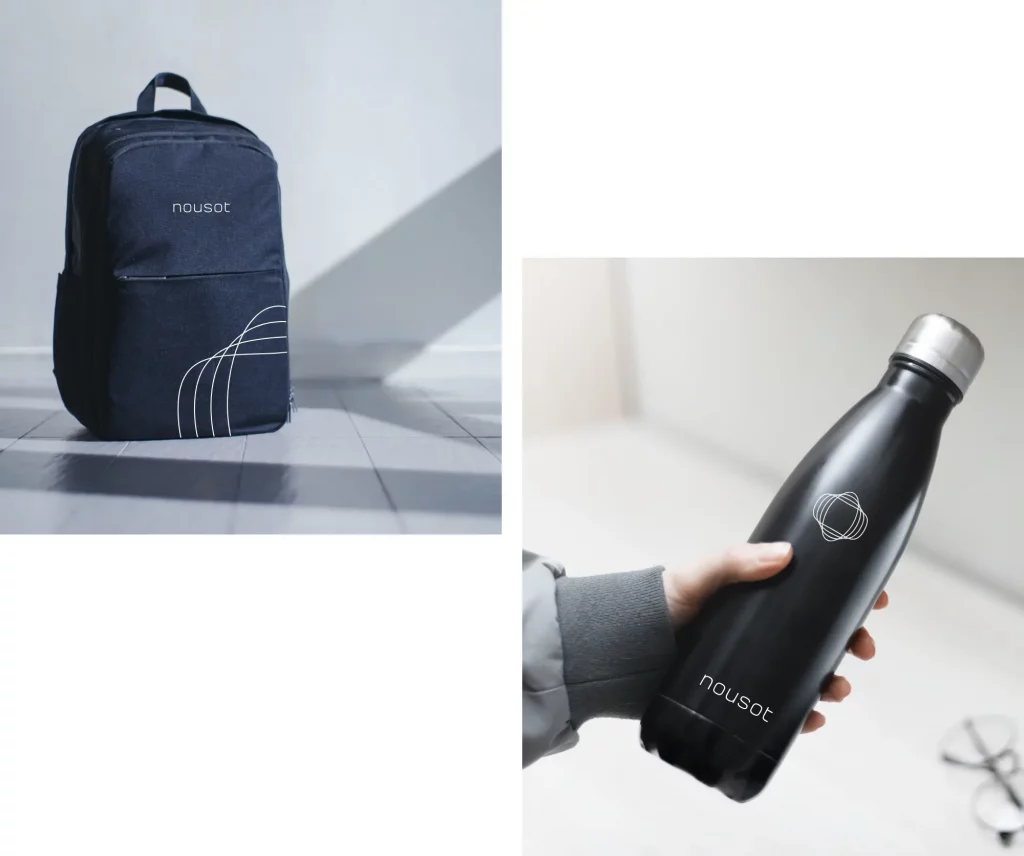Nousot branding backpack and water bottle