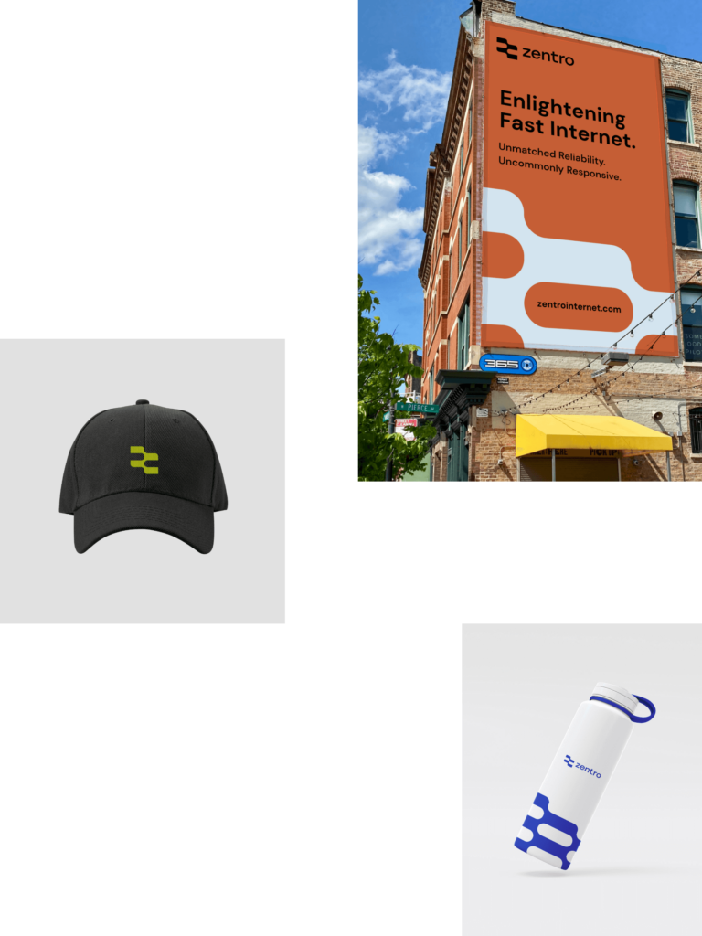 Zentro brand identity designs including billboard, clothing, and accessories