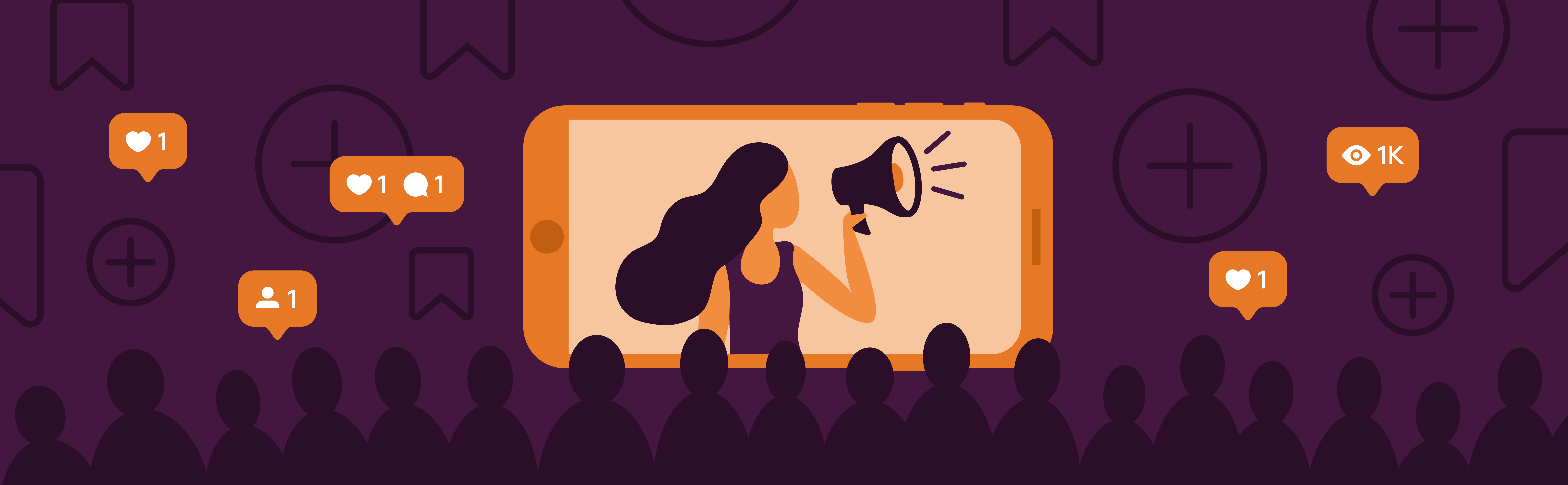 Move theater setting with influencer on screen speaking into a megaphone. Audience is watching and social media "like" icons are floating around them. successful influencer marketing campaigns